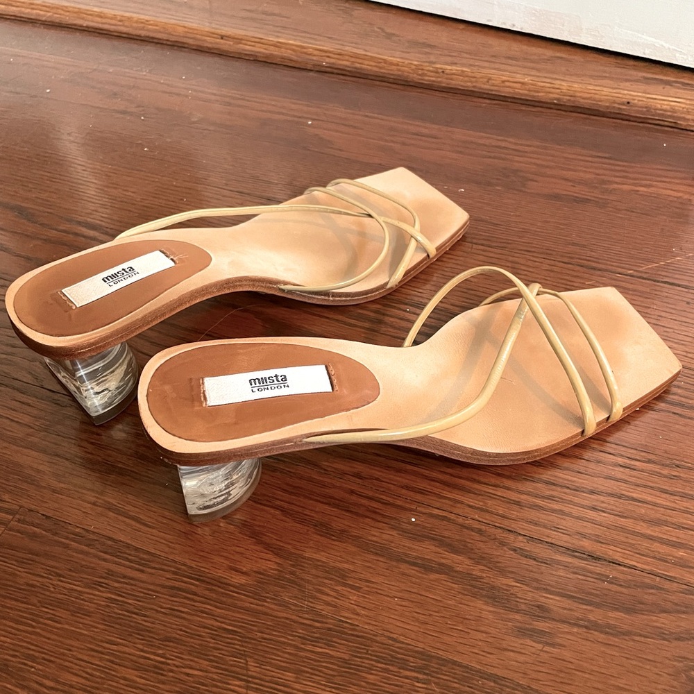 MIISTA Jenna Nude Square-Toe Strappy Slides Sandals Clear/Lucite Heel Sz 39 / 8